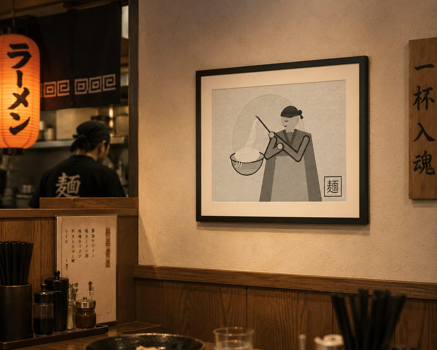 kanjiframe in picture mode on a ramen-shop wall, showing a dithered black-and-white illustration of a noodle chef.